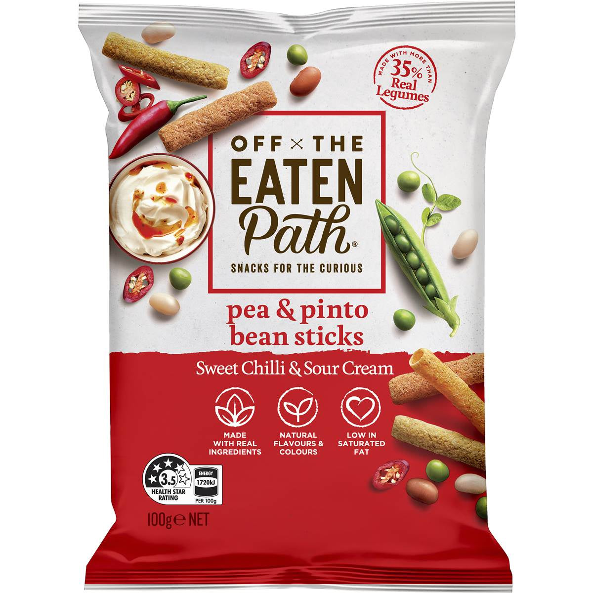 Off The Eaten Path Veggie Chips Pea & Pinto Bean Sticks Sweet Chilli Sour Cream 100g