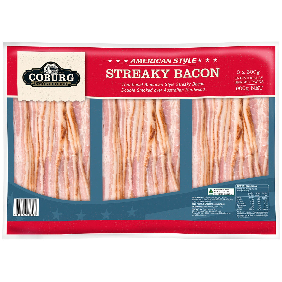 Coburg American Style Streaky Bacon 900g