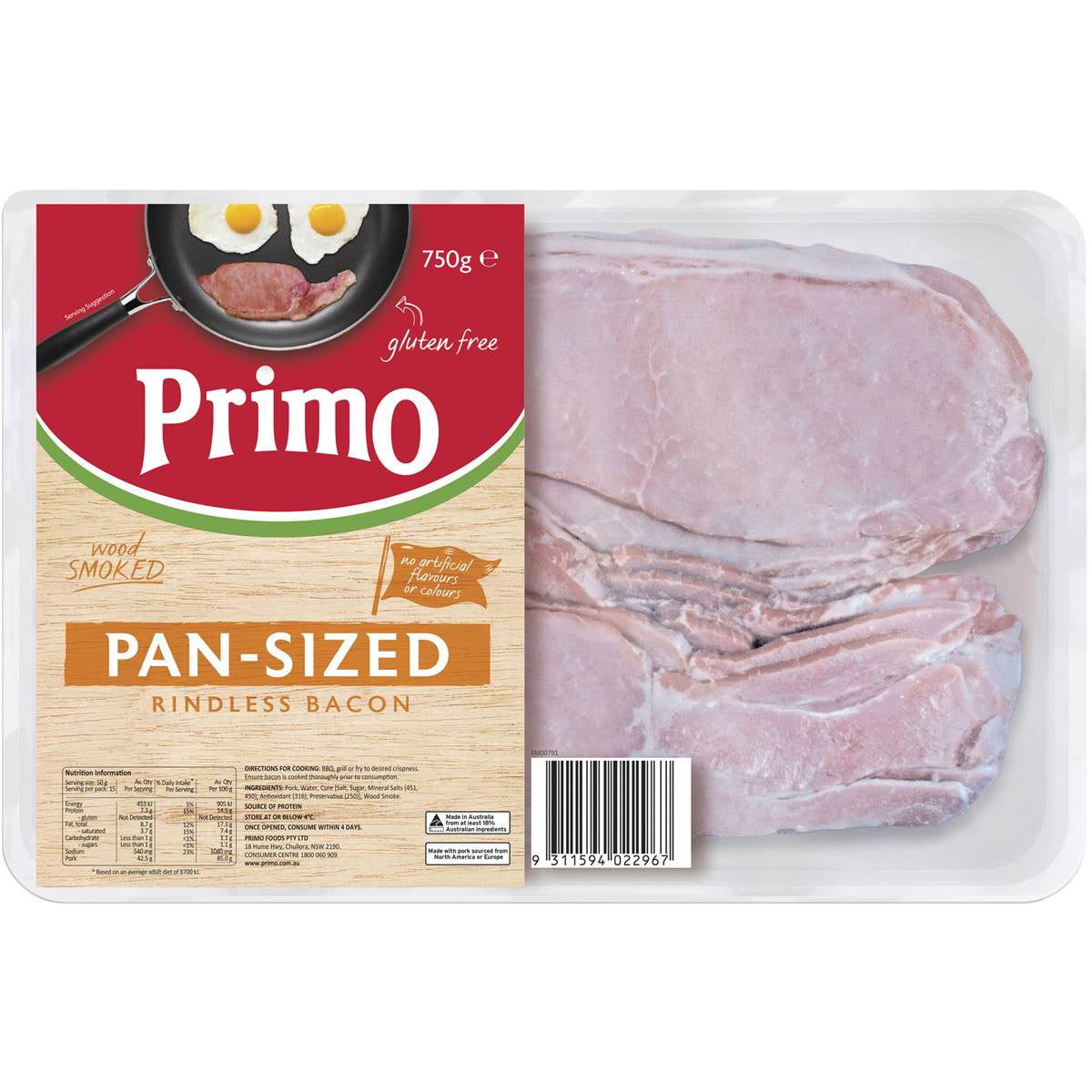 Primo Pan Sized Rindless Bacon Pan Size 750g