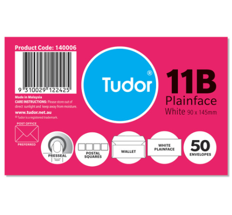 #Tudor Wallet Envelopes Plainface 11B 50pk